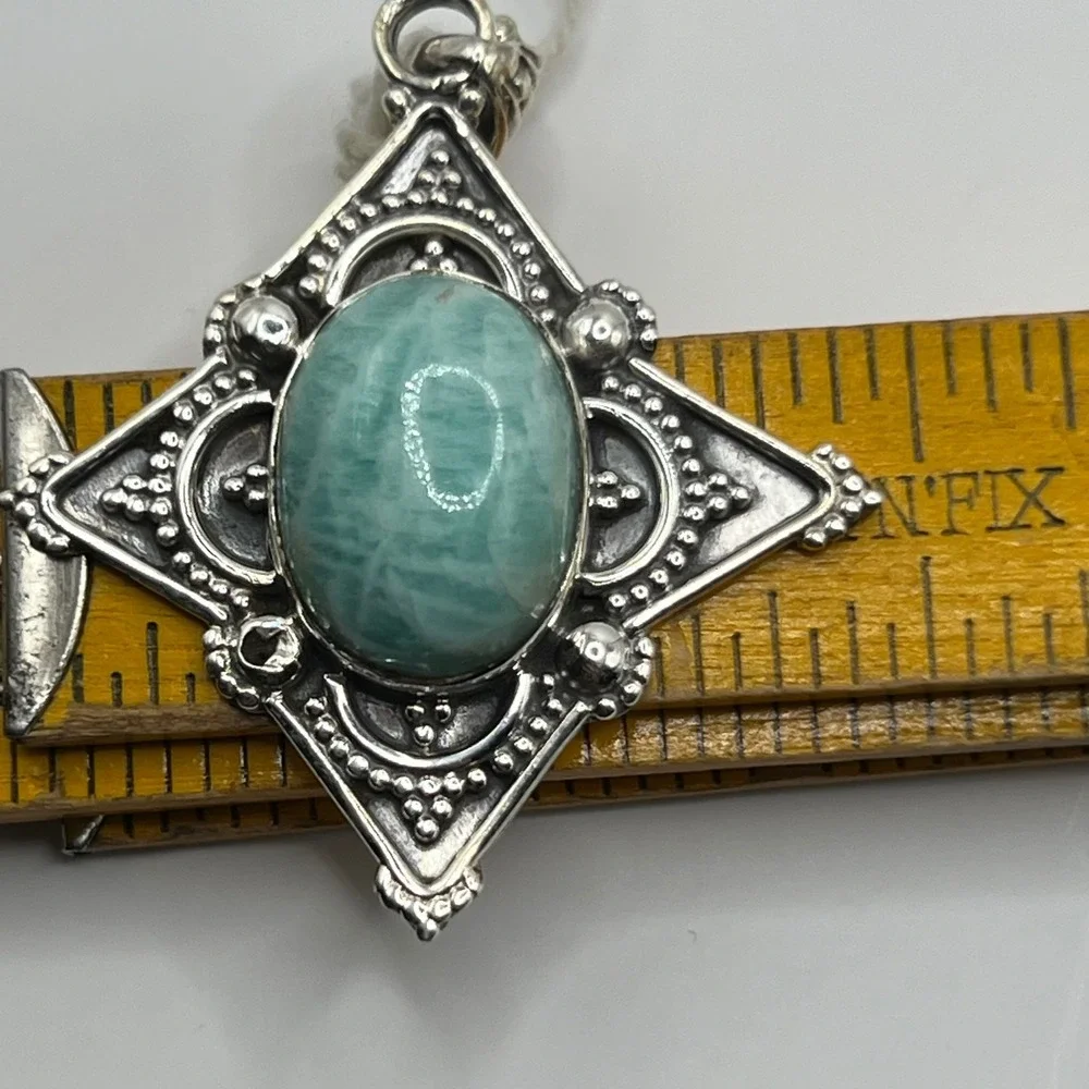 Sterling Silver‎ Amazonite Pendant Oval Cabochon Gemstone Vintage Style 925